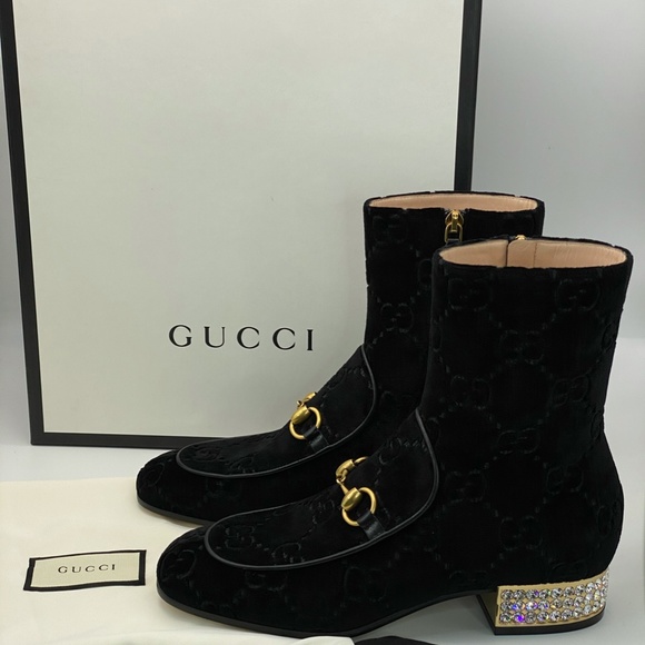 Gucci horsebit GG black velvet crystal heel ankle - Picture 12 of 12